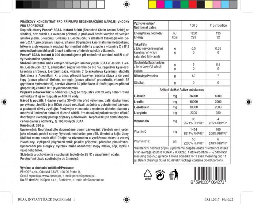 Aminokyseliny BCAA INSTANT 8000 330g Třešeň