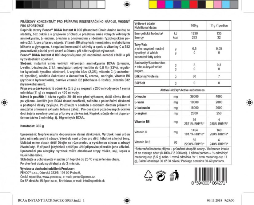 Aminokyseliny BCAA INSTANT 8000 330g Grep