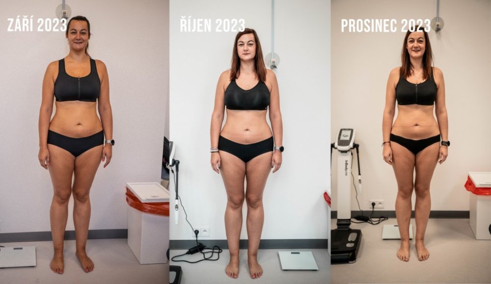 Radana ve spodním prádle na snímcích ze září, října a listopadu 2023, kde je vidět postupný posun v úbytku tělesné hmotnosti.