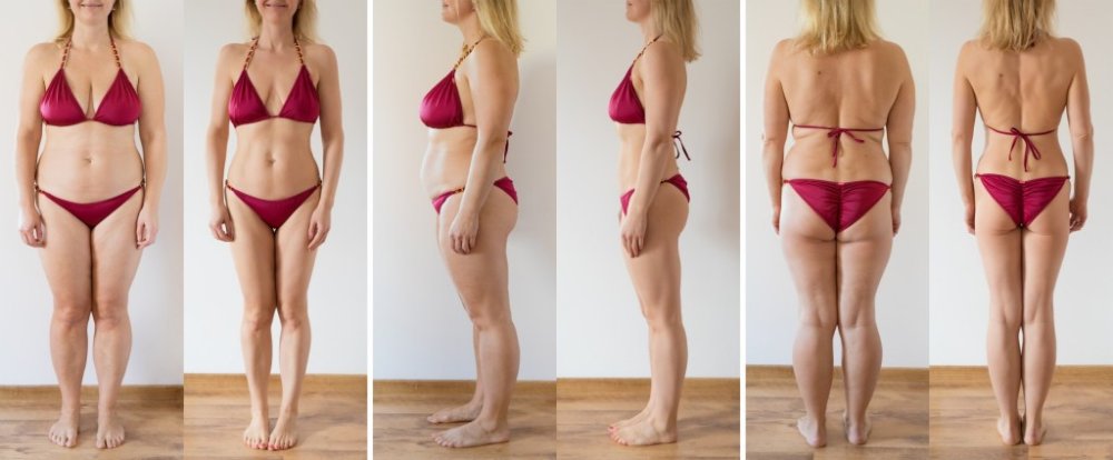 Fotoreport blonďaté ženy, která stojí v červených plavkách před bílou zdí a na 6 fotografiích jsou zaznamenány proměny postavy díky úbytku váhy. 