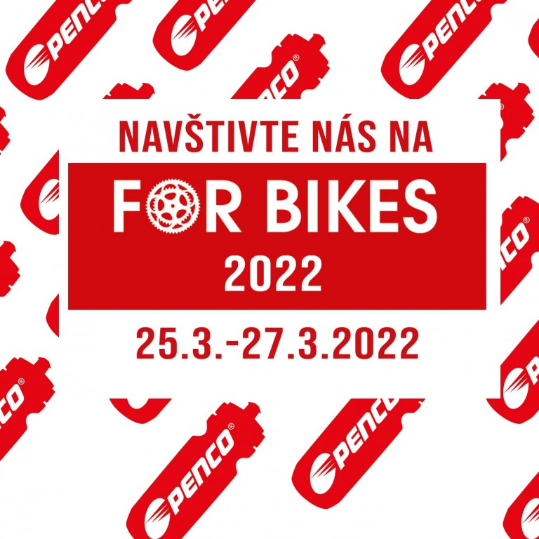 Grafická pozvánka: Navštivte nás na FOR BIKES 2022, termín 25.3.–27.3.2022. Značka Penco, motiv cyklistiky a sportovních lahví.